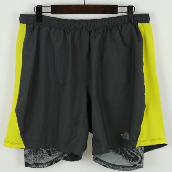 The North Face Men's Large Gray Yellow Double Layer Activewear Shorts - Picture 1 of 9